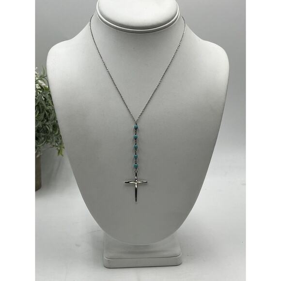 Golden Moon Inc Turquoise Beaded and Sterling Silver Rosary Cross Necklace - Picture 3 of 8